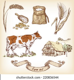 Farm set. Hand drawn illustration of cow, house, sack, grain, meal, wheat