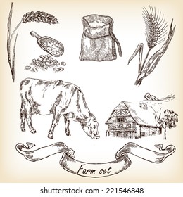 Farm set. Hand drawn illustration of cow, house, sack, grain, me