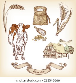 Farm set. Hand drawn illustration of cow, house, sack, grain, meal, wheat
