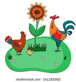 Farm set of hen with rooster and cute chick on green background with sunflower. Vector illustration for kids book, Easter cards. 