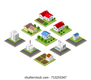 Farm set of houses in isometric style