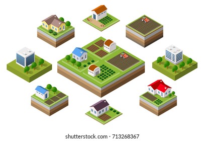 Farm set of houses in isometric style