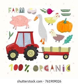 Farm set. Hundred percent organic. Cartoon vector illustration