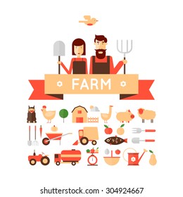 Farm set of icons. Farmer's family. Harvesting, agriculture. Flat design vector illustration