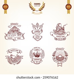 Farm set of illustrations or logo, organic food, ribbon banner, green plant, business icon, healthy lifestyle. Retro-styled in line illustrations.