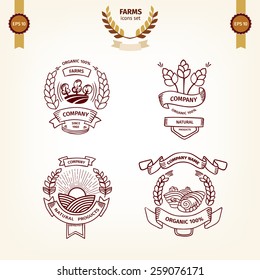 Farm set of illustrations or logo, organic food, ribbon banner, green plant, business icon, healthy lifestyle. Retro-styled in line illustrations.