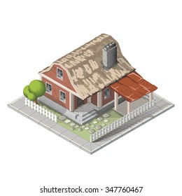 Farm set in isometric view. Attributes for agriculture in the countryside. Farm building.  Farmhouse, mill, country house and a tractor. Vector flat illustration