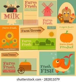 Farm. Set Mini Posters in Flat and Retro style. Collection of Advertising Farm Fresh Products. Farm Animals and Items. Layered file. Vector illustration.