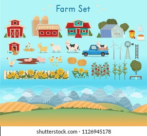 Farm Set. Farm panorama with a greenhouse, barn, houses, mills, fields, trees, sunflowers, tomatoes, corn, haystacks, doghouse with dog, chickens, goose, storks in a nest, goat, sheep, cow, pigs, milk