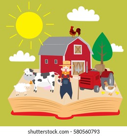 farm set that pop up from book, including farmer holding forklift, tractor, barn, rooster, hen, sheep and cow