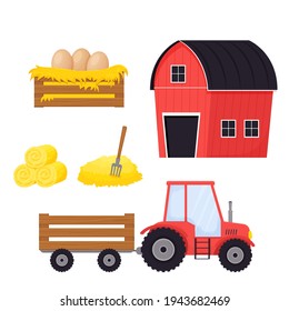 Farm set with tractor, hay stack with pitchfork, wooden box with eggs and red building in cartoon style isolated on white background stock vector illustration. Harvest, agriculture collection.
