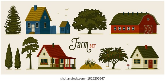 Farm set. Various Rural houses, barns and different trees. Vector illustration in flat cartoon style on light background