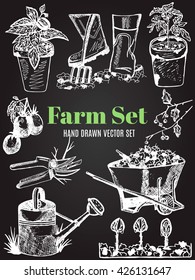Farm set.Hand drawn vector garden tools. Garden equipment: shovel, rake,seedlings, seeds, watering can.Gardening, farming and agriculture sketch.