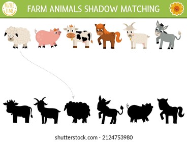 Farm shadow matching activity with animals. Country village puzzle with cute cow, pig, sheep, horse, goat. Find correct silhouette printable worksheet or game. On the farm page for kids
