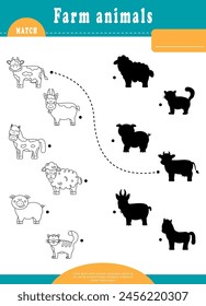 Farm shadow matching activity with animals. Country village puzzle with cute cow, pig, sheep, horse, goat and cat. Find correct silhouette printable worksheet or game. Educational game for children.