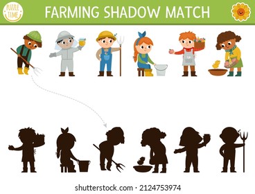 Farm shadow matching activity with cute kid farmers. Country village puzzle with beekeeper, market vendor, dairymaid. Find correct silhouette printable worksheet or game. On the farm page
