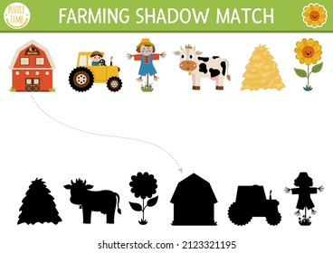 Farm shadow matching activity with traditional country symbols. Rural village puzzle with cute cow, barn, farmer. Find correct silhouette printable worksheet or game. On the farm page for kids
