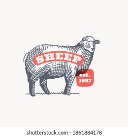 Farm sheep emblem in classic elegance engraving style. Vector drawing for food corporate identity, agriculture illustration, restaurant logo, and etc. 