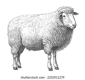 Farm sheep hand drawn engraving sketch Vector illustration