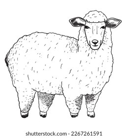 Farm sheep in sketch style. Vector isolated black and white illustration of an animal.