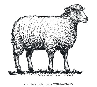 Farm sheep standing on grass. Hand drawn domestic animal with thick woolly coat. Livestock farming, vector illustration