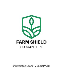 Modelo do logotipo do escudo da fazenda em linha simples. Ilustração de vetor de folha e escudo