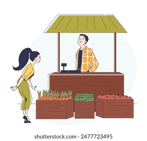 Farm shop concept. Woman buying natural and organic products. Stall with fresh vegetables. Local shop with carrots, apples and cabbage. Linear vector illustration isolated on white background