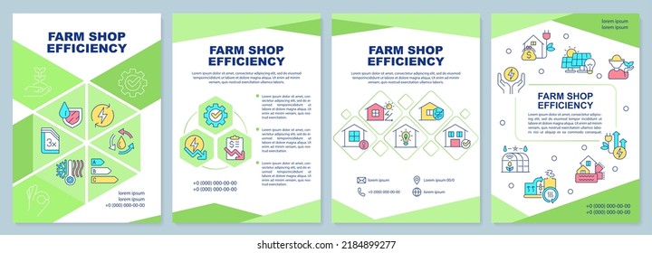 Farm shop efficiency green brochure template. Leaflet design with linear icons. Editable 4 vector layouts for presentation, annual reports. Arial-Black, Myriad Pro-Regular fonts used