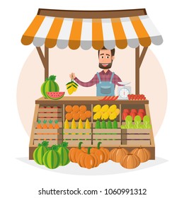 Farm shop. Local market. Selling fruit and vegetables. business owner working in his own store. flat vector illustration. Fresh food