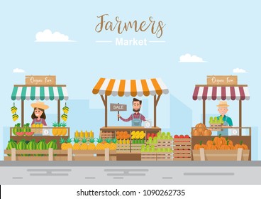 Farm Shop. Local Market. Selling Fruit And Vegetables. Business Owner Working In His Own Store. Flat Vector Illustration. Fresh Food