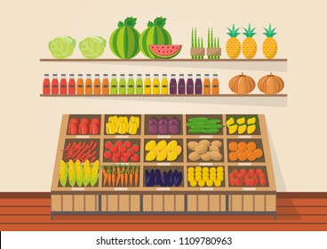 Farm shop. Local market. Selling fruit and vegetables. store on flat design vector illustration. Fresh food