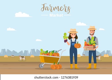 Farm shop. Local market. Selling fruit and vegetables. business owner working in his own store. flat vector illustration. Fresh food
