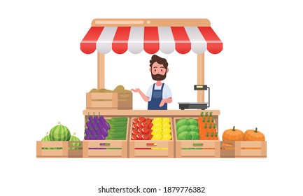 Farm shop. Local stall market. Selling vegetables. Flat vector illustration. Isolated on white background.