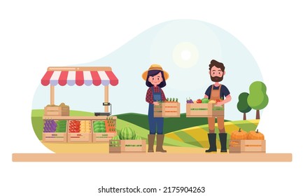 Farm shop. Local stall market. Support local farmers concept. Flat vector illustration.