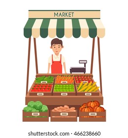 Farm shop. Local stall market. Selling vegetables. Flat vector illustration. Isolated on white background. Fresh food