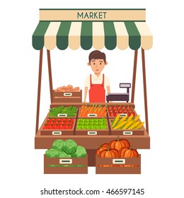 Farm shop. Local stall market. Selling vegetables. Flat vector illustration. Isolated on white background. Fresh food