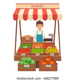 Farm shop. Local stall market. Selling vegetables. Flat vector illustration. Isolated on white background. Fresh food