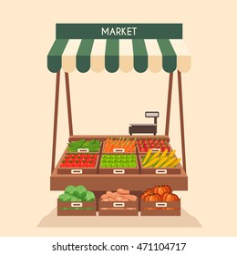 Farm shop. Local stall market. Selling vegetables. Flat vector illustration. Isolated on white background. Fresh food