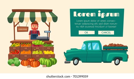 Farm Shop. Local Stall Market. Selling Vegetables. Cartoon Vector Illustration.