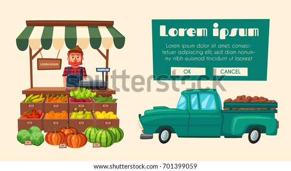 Farm shop. Local stall market. Selling\
vegetables. Cartoon vector\
illustration.