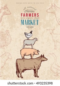 Farm shop vintage poster retro butcher shop farm animals livestock farming poster hand drawn ink vector 