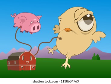 A farm showing two inflatable animals, a pig and a chicken. Vector illustration