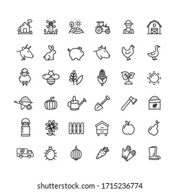 Farm Sign Black Thin Line Icon Set Include of Cow, Farmer and Chicken. Vector illustration of Icons