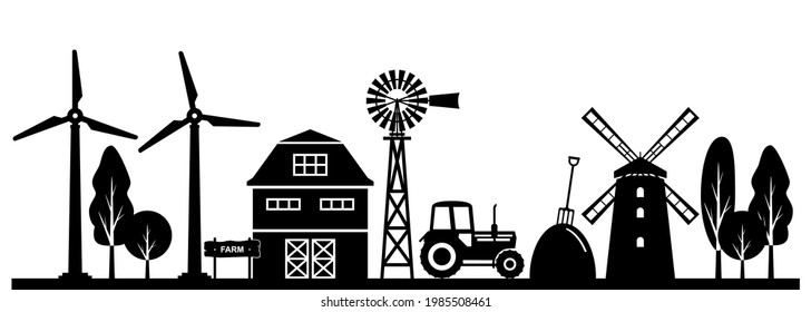 Farm silhouette. Vector silhouette of the countryside. Illustration - barn, mill, tractor, haystack, pitchfork, windmill, trees.