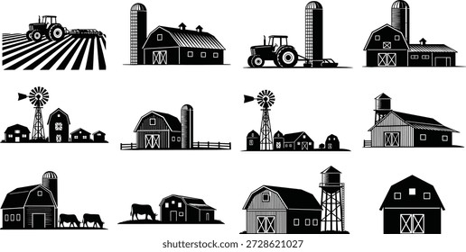 Farm silhouette vector illustration, barn, tractor, silo, windmill, rural landscape, countryside scene, black and white icons, agriculture elements, editable design