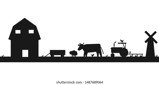 farm silhouettes background vector concept of farming and animal husbandry.