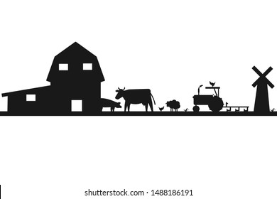 farm silhouettes background vector concept of farming and animal husbandry.