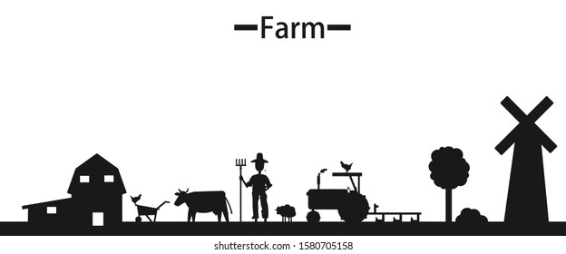 farm silhouettes background vector concept of farming and animal husbandry.