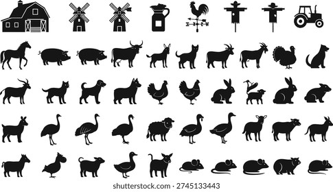 Farm silhouettes collection, barn tractor windmill, animals livestock icons, rooster weather vane, abstract vector illustration, black design elements agriculture