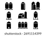 Farm silo icon set. Vector black symbols of agriculture storage glyph illustrations